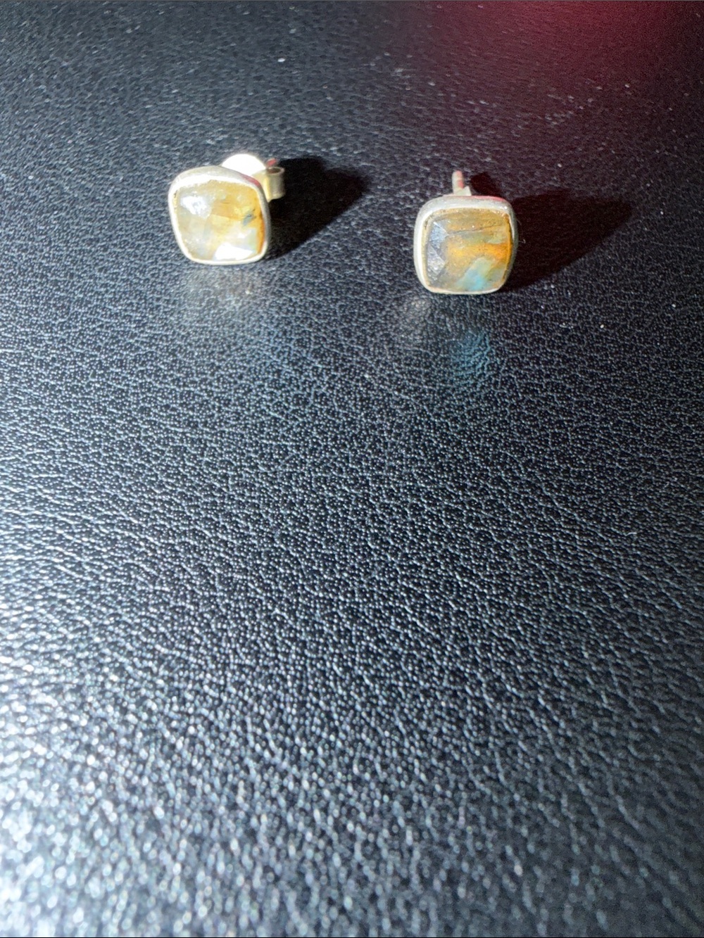 Sterling Silver Labradorite Square Stud Earrings - Iridescent Blue-Green